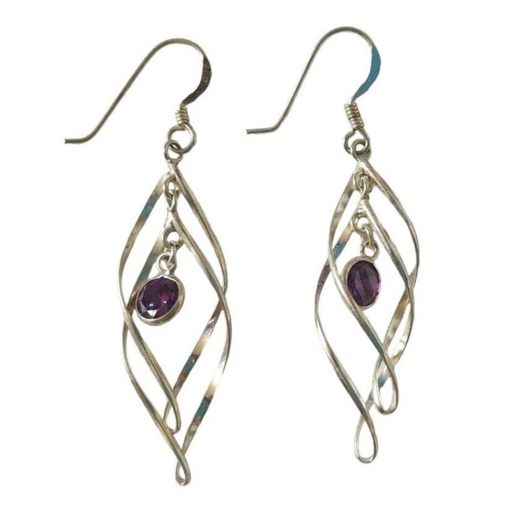 Vtg MC Sterling Silver 925 Round Amethyst Dangle Earrings Swirl Designer Gift